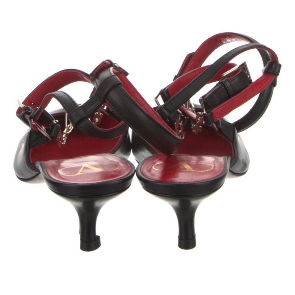 Valentino Black Pointed-Toe Ankle-Strap Kitten Heel Pumps with Red Insole - Picture 5 of 7
